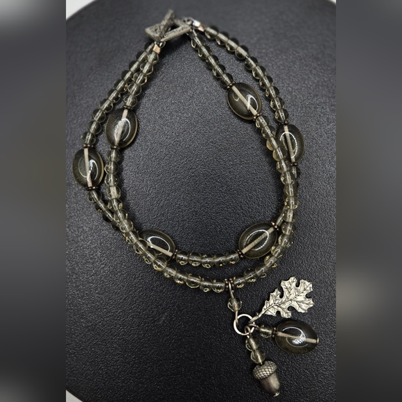 🍁 Double-Strand Bracelet Smoky Glass w/ Oak Leaf & Acorn Charms Toggle Clasp - Picture 1 of 3